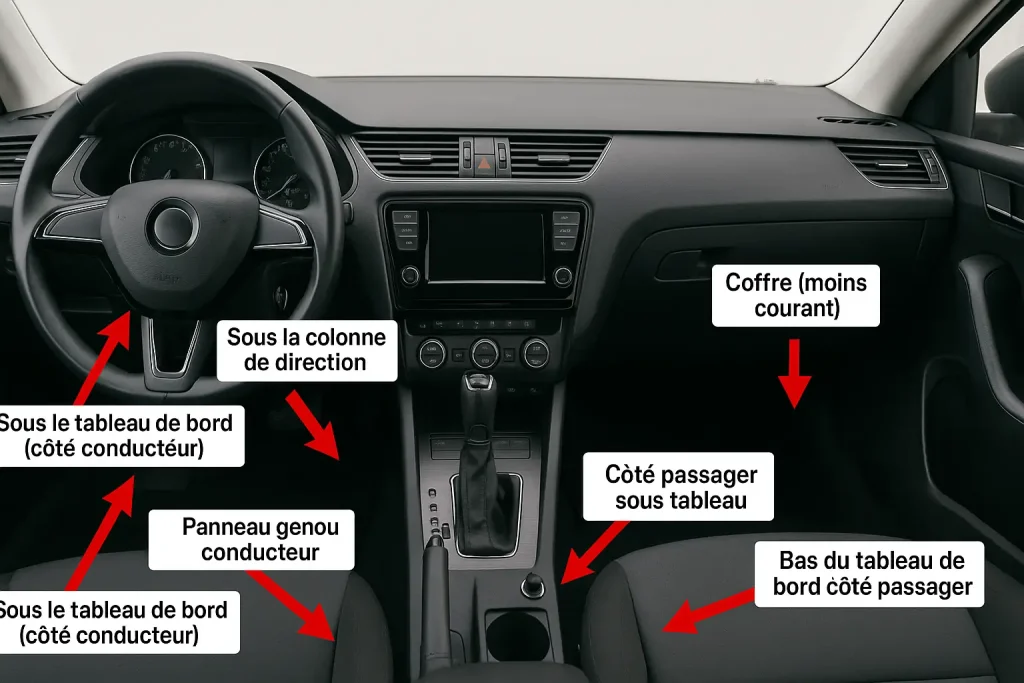 Photo de l’habitacle d’une voiture avec flèches indiquant les emplacements possibles de la prise OBD2 : sous le volant, sous le tableau de bord ou côté passager.