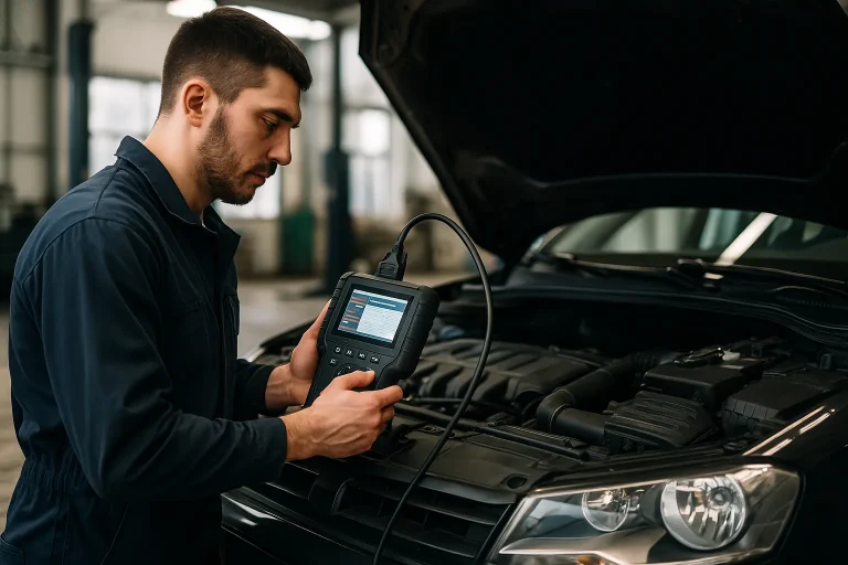 Garagiste utilisant une valise de diagnostic sur une voiture pour lire les codes d’erreur.