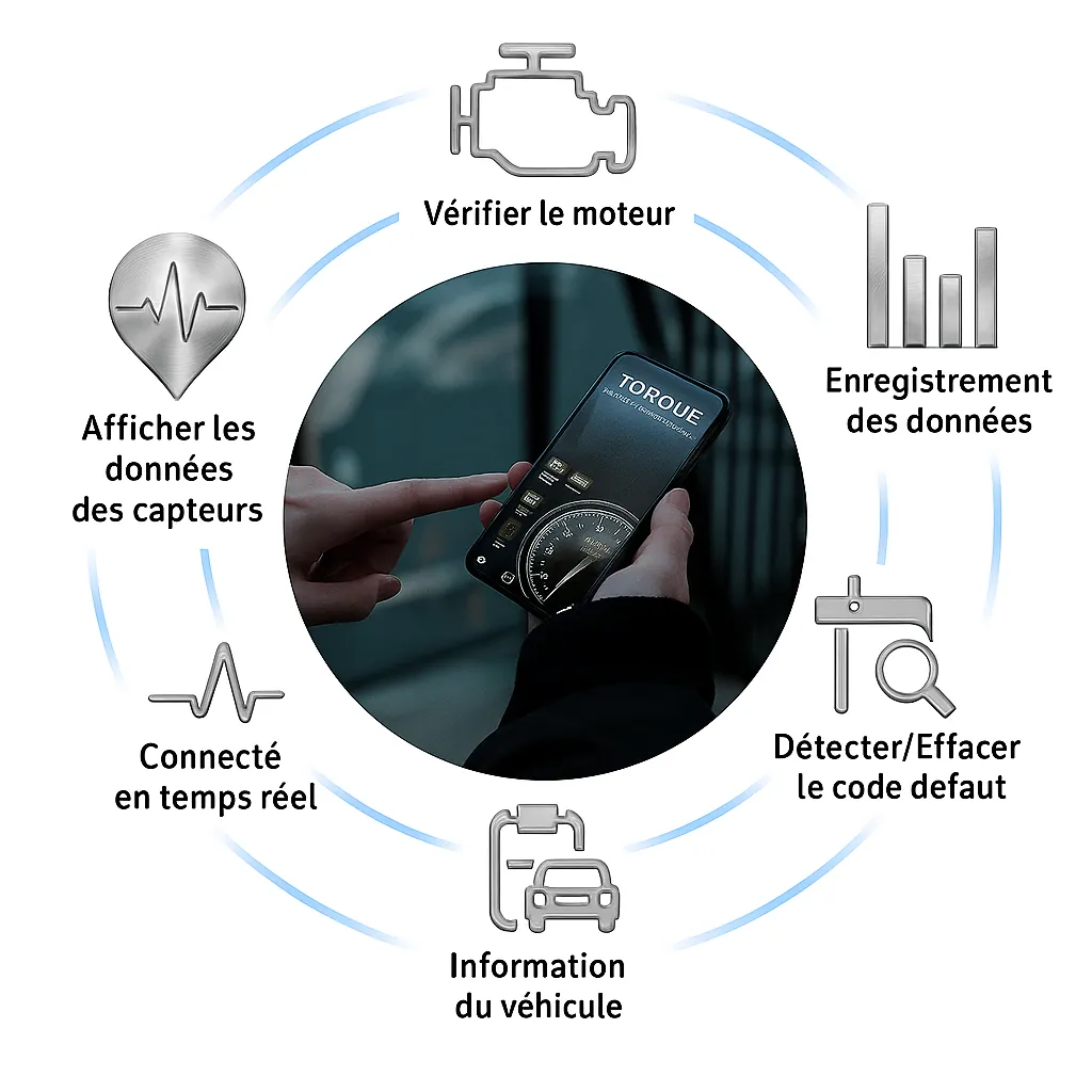 Icônes illustrant les fonctions principales d’une valise OBD2 : lecture des codes défauts, effacement des voyants, données moteur en temps réel et surveillance des performances.