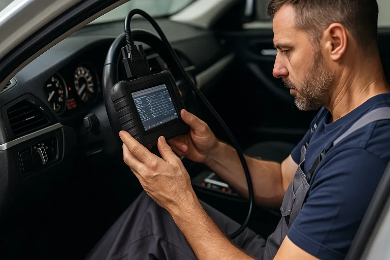 Mécanicien effectuant un diagnostic automobile avec une valise OBD2
