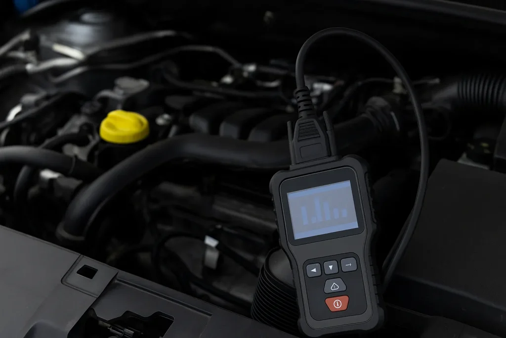 Scanner OBD2 affichant des courbes de diagnostic posé près du moteur d’une voiture, utilisé pour analyser les paramètres moteur.