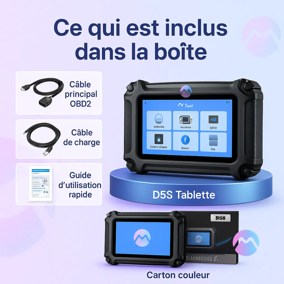 Accessoires fournis avec la valise de diagnostic : câble, tablette et guide rapide