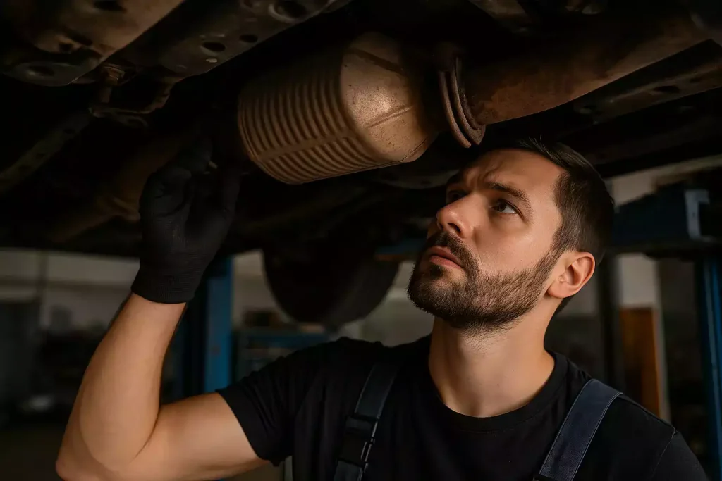 Mécanicien inspectant un catalyseur sous une voiture levée sur un pont élévateur pour diagnostiquer un code défaut P0420