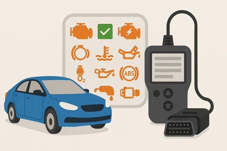 Illustration montrant une voiture, un scanner OBD2 et les icônes des systèmes vérifiés par la fonction I/M Readiness.