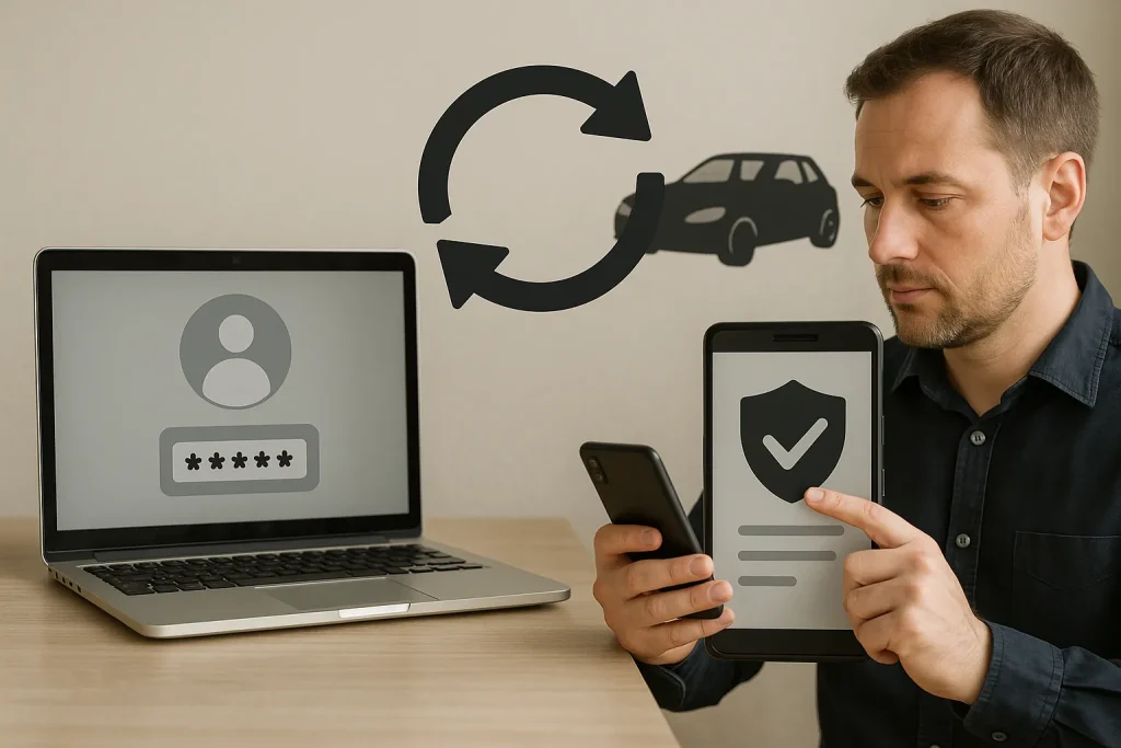 Illustration réaliste montrant un utilisateur confirmant l’authentification automatique FCA via smartphone avec un ordinateur et des éléments de sécurité.