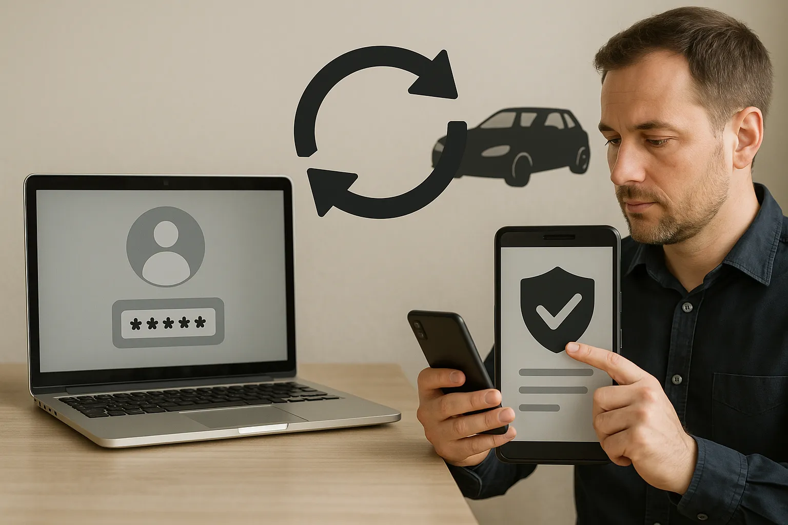 Illustration réaliste montrant un utilisateur confirmant l’authentification automatique FCA via smartphone avec un ordinateur et des éléments de sécurité.