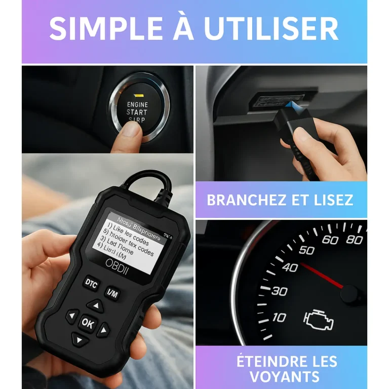 Image du scanner OBD2 V410 utilisé en situation, connecté à la prise OBD2 d’une voiture pour lire les codes défauts moteur et afficher les informations de diagnostic.