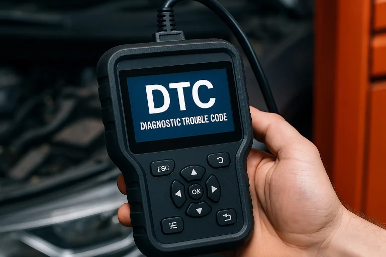 Valise de diagnostic OBD2 montrant un code DTC dans un moteur de voiture