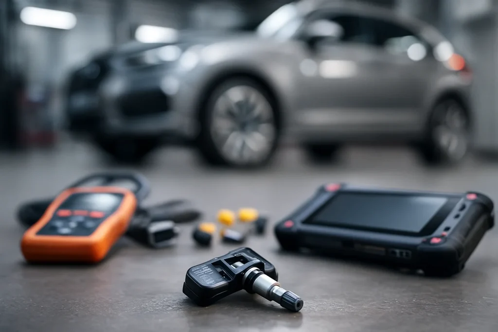 Capteur TPMS posé sur le sol d’un atelier automobile avec outils de diagnostic flous à l’arrière-plan.
