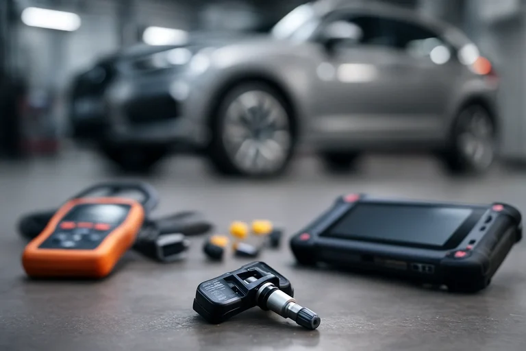 Capteur TPMS posé sur le sol d’un atelier automobile avec outils de diagnostic flous à l’arrière-plan.