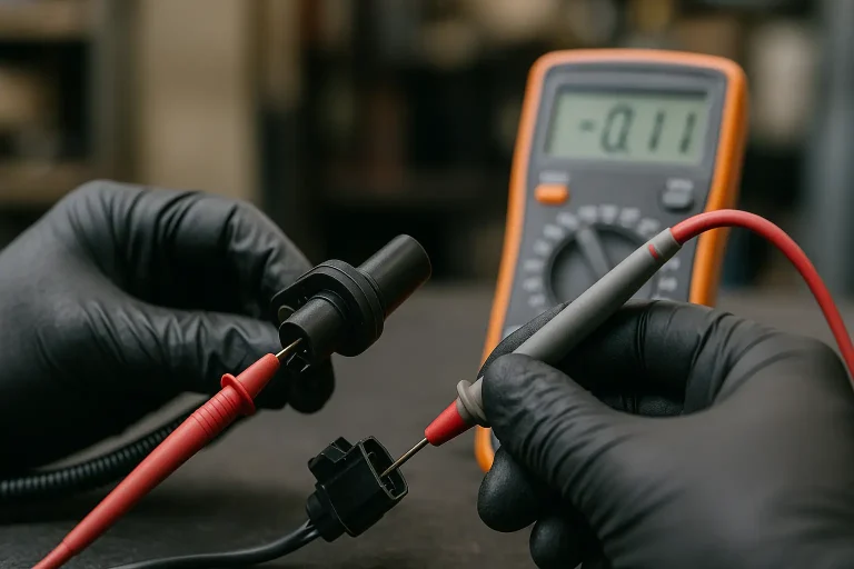 Mécanicien testant un capteur de position vilebrequin avec un multimètre lors d’un diagnostic moteur.