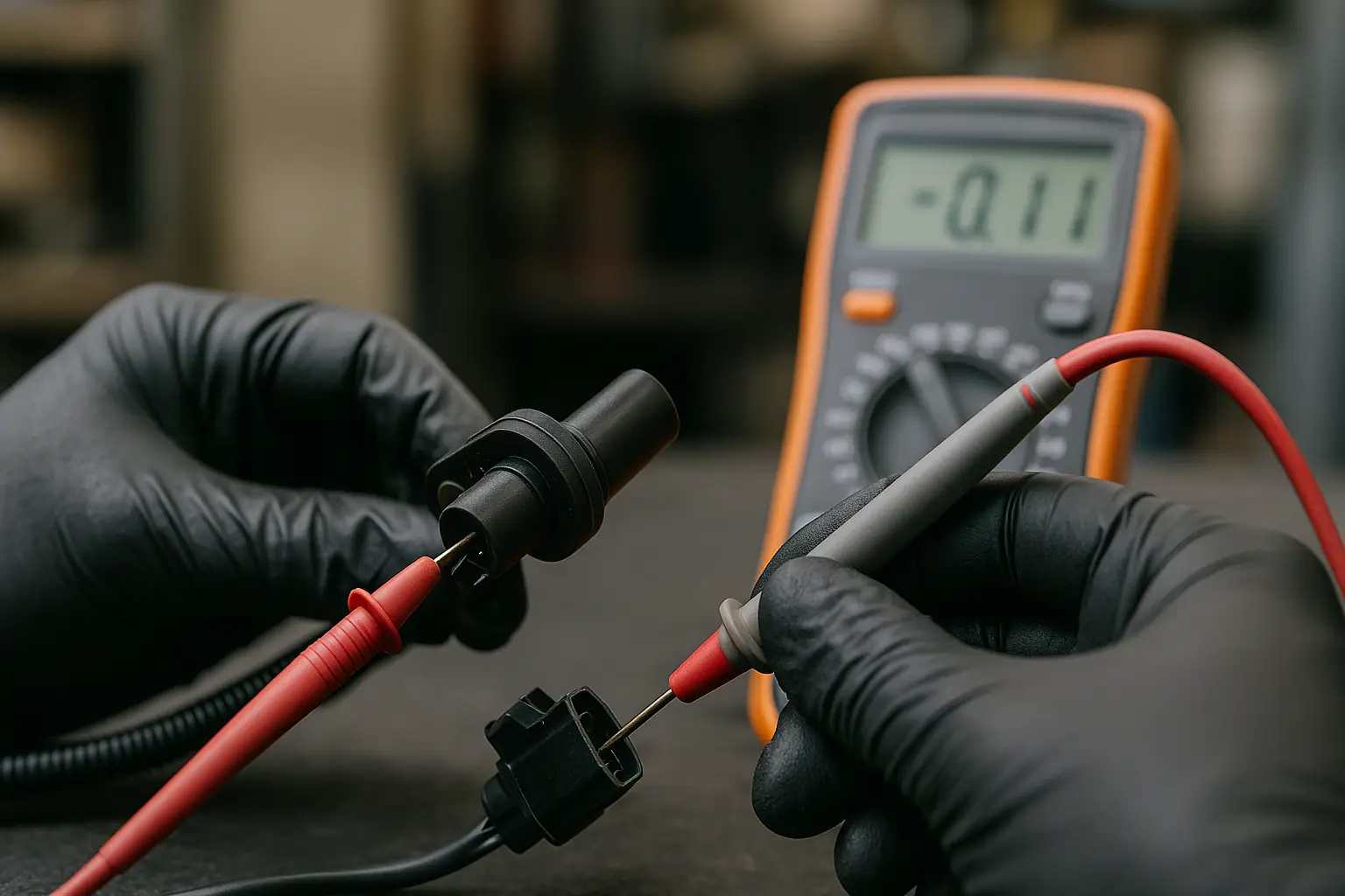 Mécanicien testant un capteur de position vilebrequin avec un multimètre lors d’un diagnostic moteur.