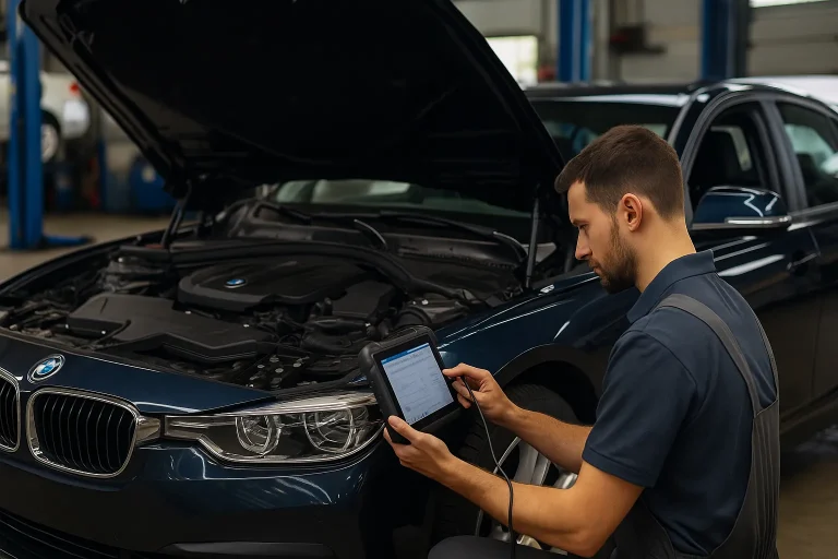 Mécanicien réalisant un diagnostic électronique sur une BMW avec une valise OBD dans un atelier automobile.