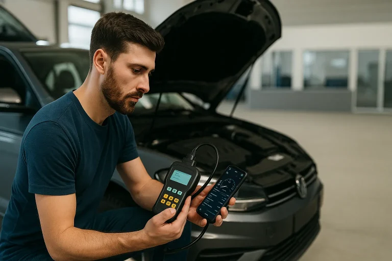 Un homme effectue un diagnostic automobile avec une valise OBD2 connectée à son smartphone dans un garage lumineux.