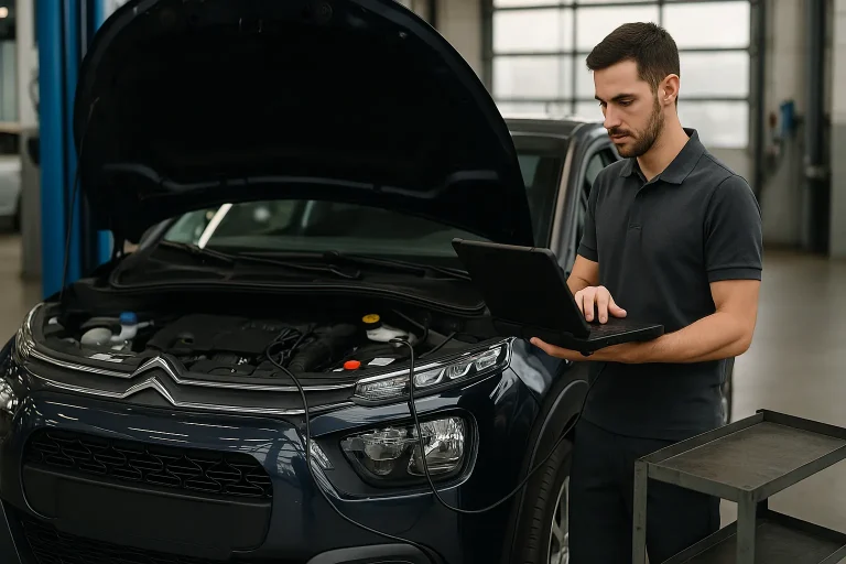 Mécanicien réalisant un diagnostic électronique sur une Citroën dans un atelier professionnel, capot ouvert, sans texte, format 16:9.