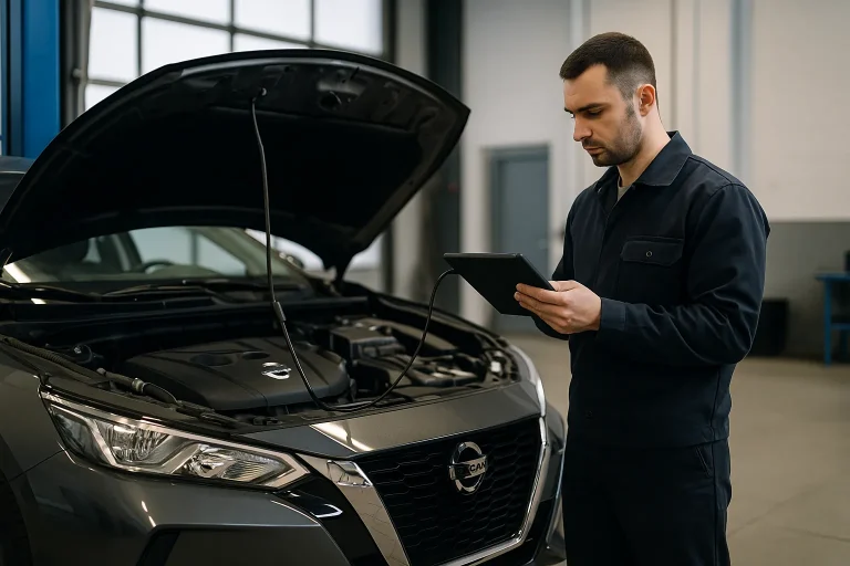 Mécanicien utilisant une tablette pour réaliser un diagnostic électronique OBD sur une Nissan dans un garage professionnel