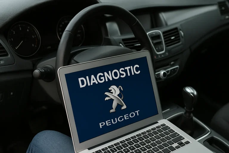 Ordinateur portable placé à l’intérieur d’une voiture Peugeot, utilisé pour réaliser un diagnostic électronique du véhicule.