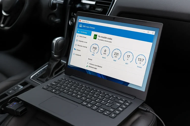 Logiciel OBD2 gratuit affiché sur un ordinateur portable connecté à une voiture via un adaptateur ELM327