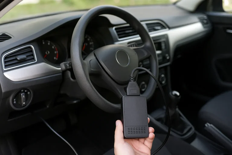Boîtier de diagnostic OBD2 branché sous le volant d’une voiture pour analyser les codes défauts