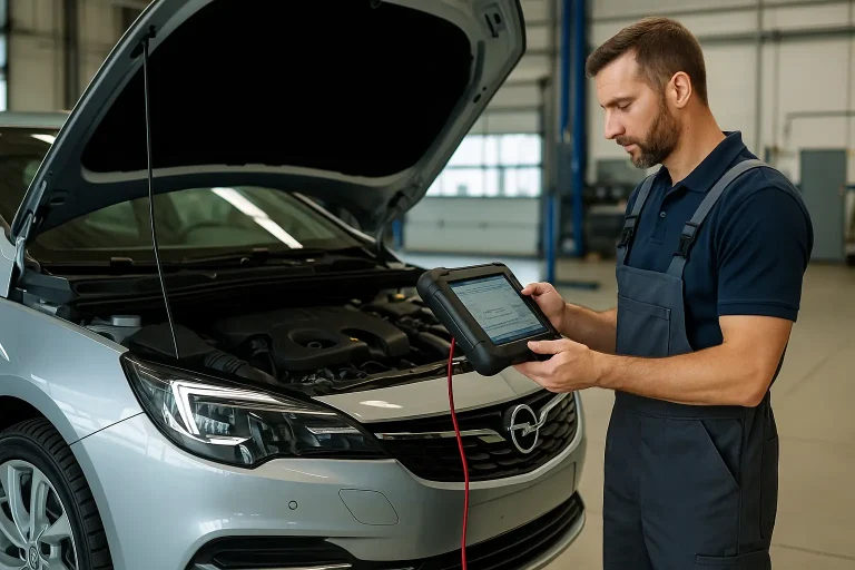 Mécanicien réalisant un diagnostic électronique sur une Opel avec une valise OBD en atelier automobile.
