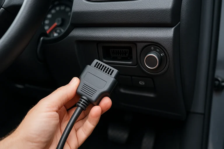 Main branchant un connecteur OBD-II dans la prise diagnostique située sous le tableau de bord d’une voiture.