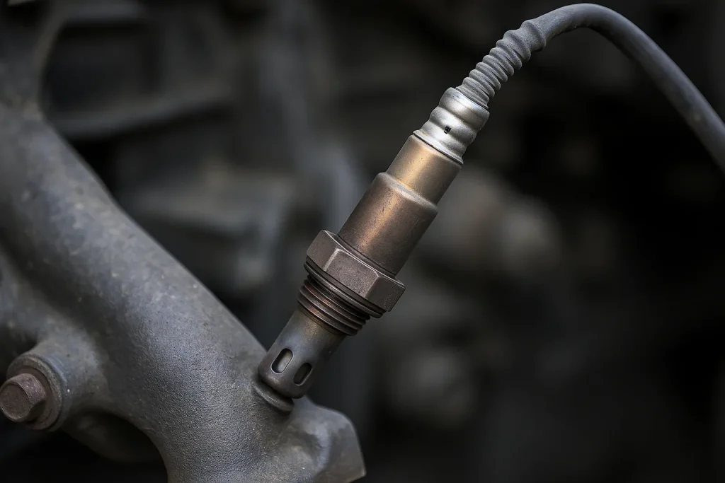 Gros plan réaliste d’une sonde lambda installée sur un collecteur d’échappement, utilisée pour diagnostiquer les pannes moteur.