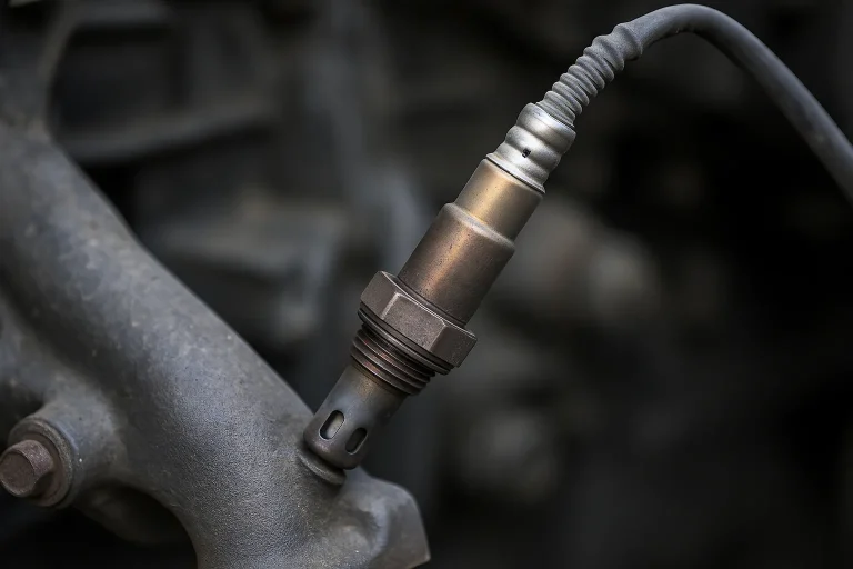 Gros plan réaliste d’une sonde lambda installée sur un collecteur d’échappement, utilisée pour diagnostiquer les pannes moteur.