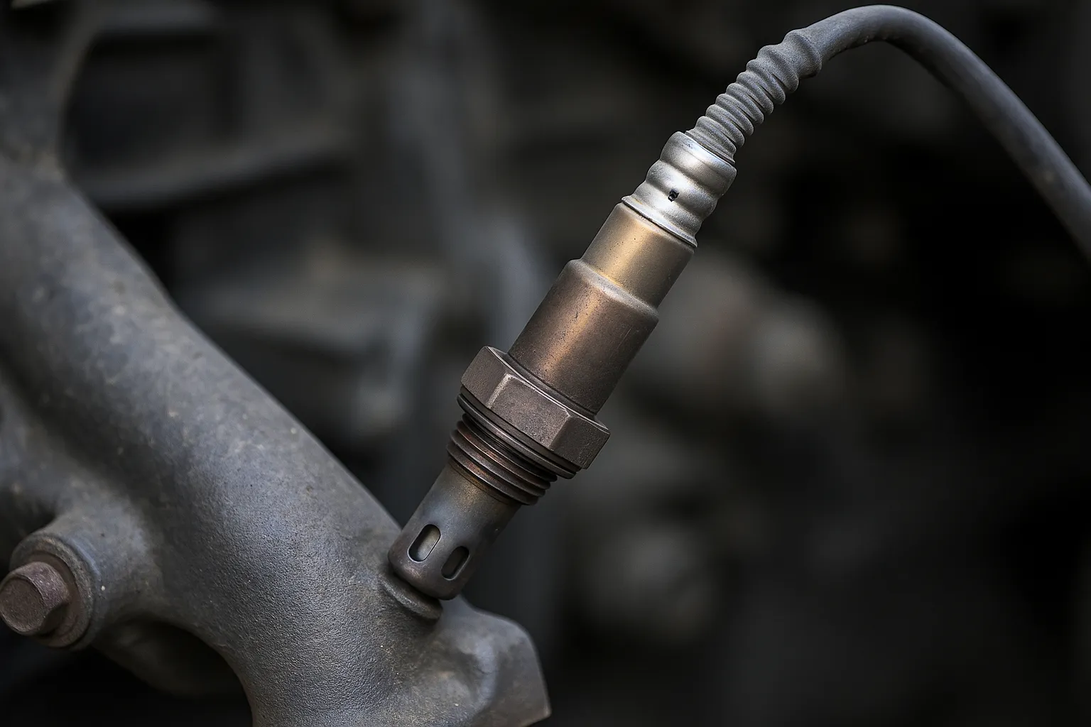 Gros plan réaliste d’une sonde lambda installée sur un collecteur d’échappement, utilisée pour diagnostiquer les pannes moteur.