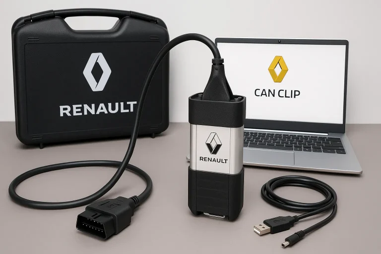 Valise de diagnostic Renault CAN CLIP connectée à un ordinateur portable dans un atelier mécanique