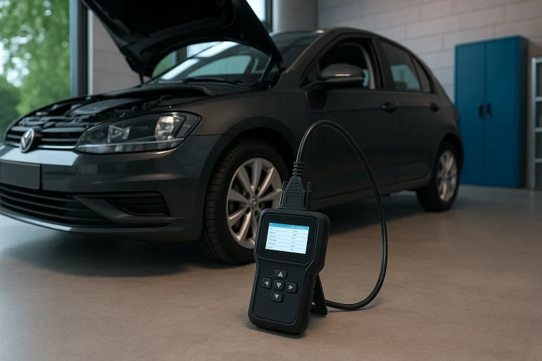 Valise de diagnostic OBD2 noire branchée à une voiture grise dans un garage lumineux, capot ouvert, prête pour une analyse des pannes.