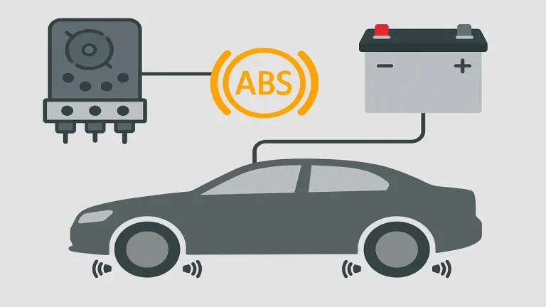 Illustration schématique d’un système ABS avec capteurs de vitesse sur les quatre roues et calculateur ABS du véhicule.