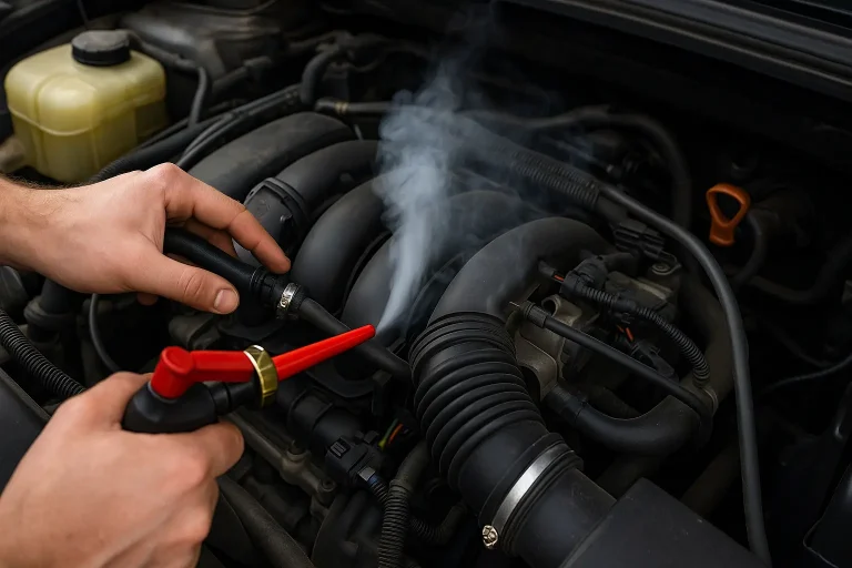 Mécanicien utilisant une machine à fumée pour détecter une fuite sur le circuit d’admission d’un moteur