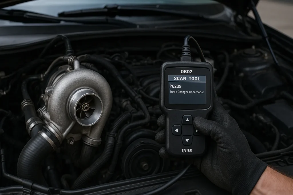 Mécanicien vérifiant un turbo avec une valise OBD2 dans un compartiment moteur