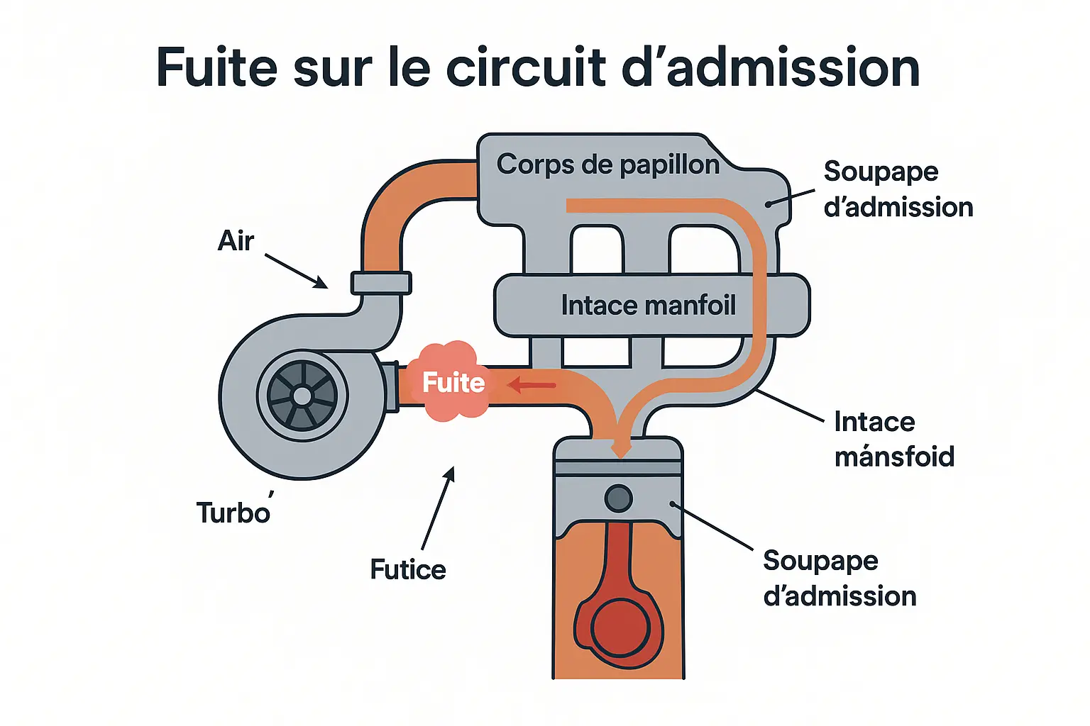 Schéma simplifié du circuit d’admission montrant une fuite entre le turbo et le collecteur, avec flèches d’air et composants principaux.