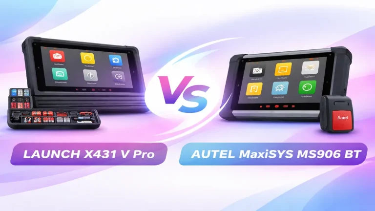 Comparatif visuel entre la valise de diagnostic LAUNCH X431 V Pro et l’AUTEL MaxiSYS MS906 BT sur fond dégradé rose et bleu.