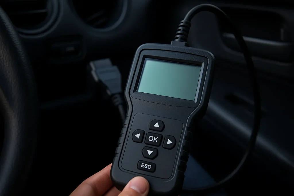 Scanner OBD2 tenu à la main dans l’habitacle d’une voiture, prêt pour un diagnostic moteur