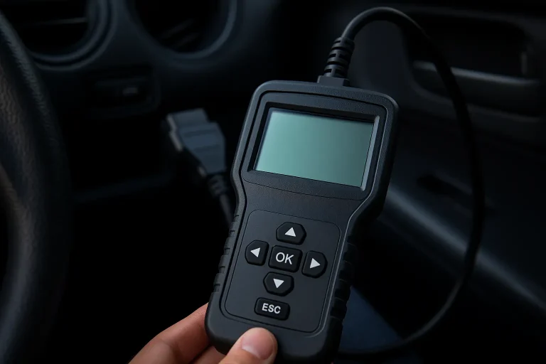 Scanner OBD2 tenu à la main dans l’habitacle d’une voiture, prêt pour un diagnostic moteur