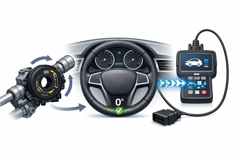 Schéma technique montrant le recalibrage du capteur d’angle de volant SAS via un outil de diagnostic OBD, volant centré à 0°