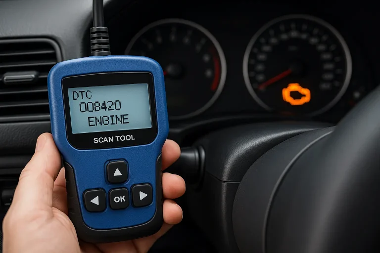 Un scanner OBD2 branché sous le tableau de bord d’un véhicule pour effacer un défaut moteur avant un contrôle technique