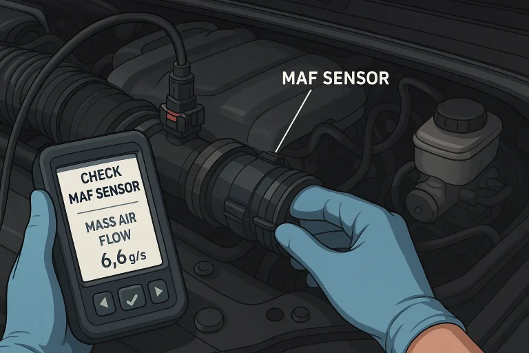 Technicien contrôlant un débitmètre d’air (MAF) avec un outil de diagnostic OBD2 dans un compartiment moteur.