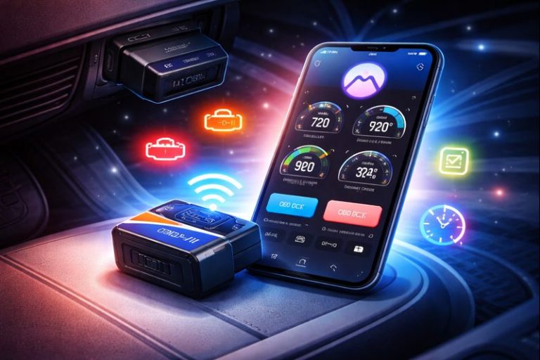 Smartphone connecté à un adaptateur OBD2 affichant les données moteur en temps réel dans une voiture