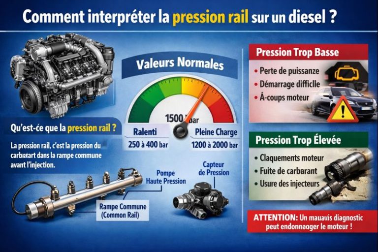 Schéma explicatif de la pression rail sur un moteur diesel Common Rail avec valeurs normales au ralenti et en pleine charge
