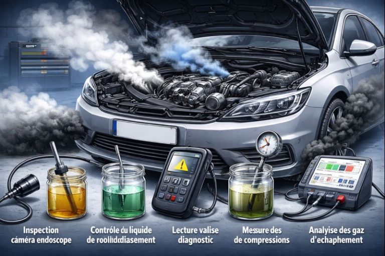 Voiture avec fumée blanche, bleue et noire à l’échappement lors de tests de diagnostic moteur en atelier