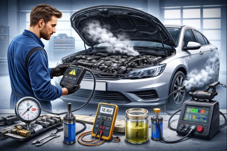 Diagnostic moteur d’une voiture présentant des trous à l’accélération avec valise OBD et outils de mesure en atelier