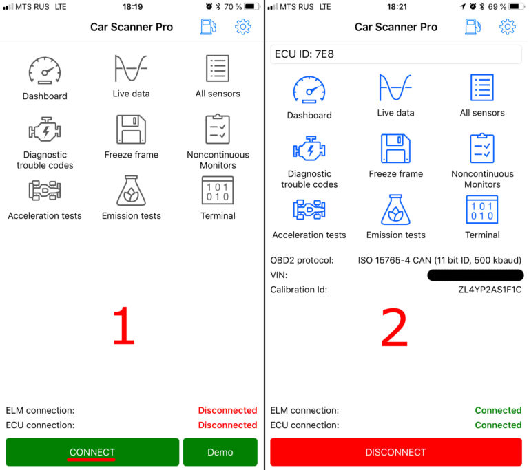 Car Scanner ELM OBD2 - écran principal après connexion