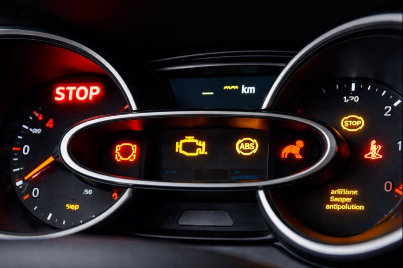 Tableau de bord d’une Renault Clio 4 avec plusieurs voyants allumés : STOP, moteur, ABS, airbag et antipollution