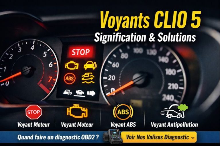 Voyants allumés sur le tableau de bord d’une Renault Clio 5 avec voyant STOP, moteur, ABS et antipollution