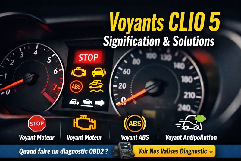 Voyants allumés sur le tableau de bord d’une Renault Clio 5 avec voyant STOP, moteur, ABS et antipollution