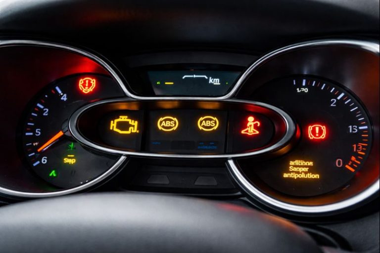 Tableau de bord d’une Renault Captur avec plusieurs voyants allumés : moteur, ABS, airbag, frein et antipollution
