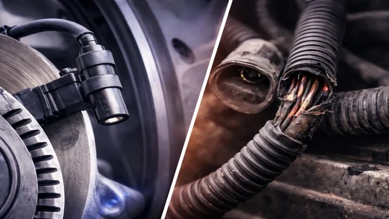 Capteur ABS de roue et faisceau électrique endommagé illustrant un diagnostic de code ABS.